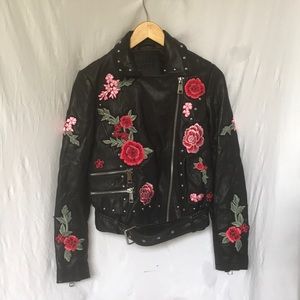 Belle Vere Leather Jacket with Floral Patches XS